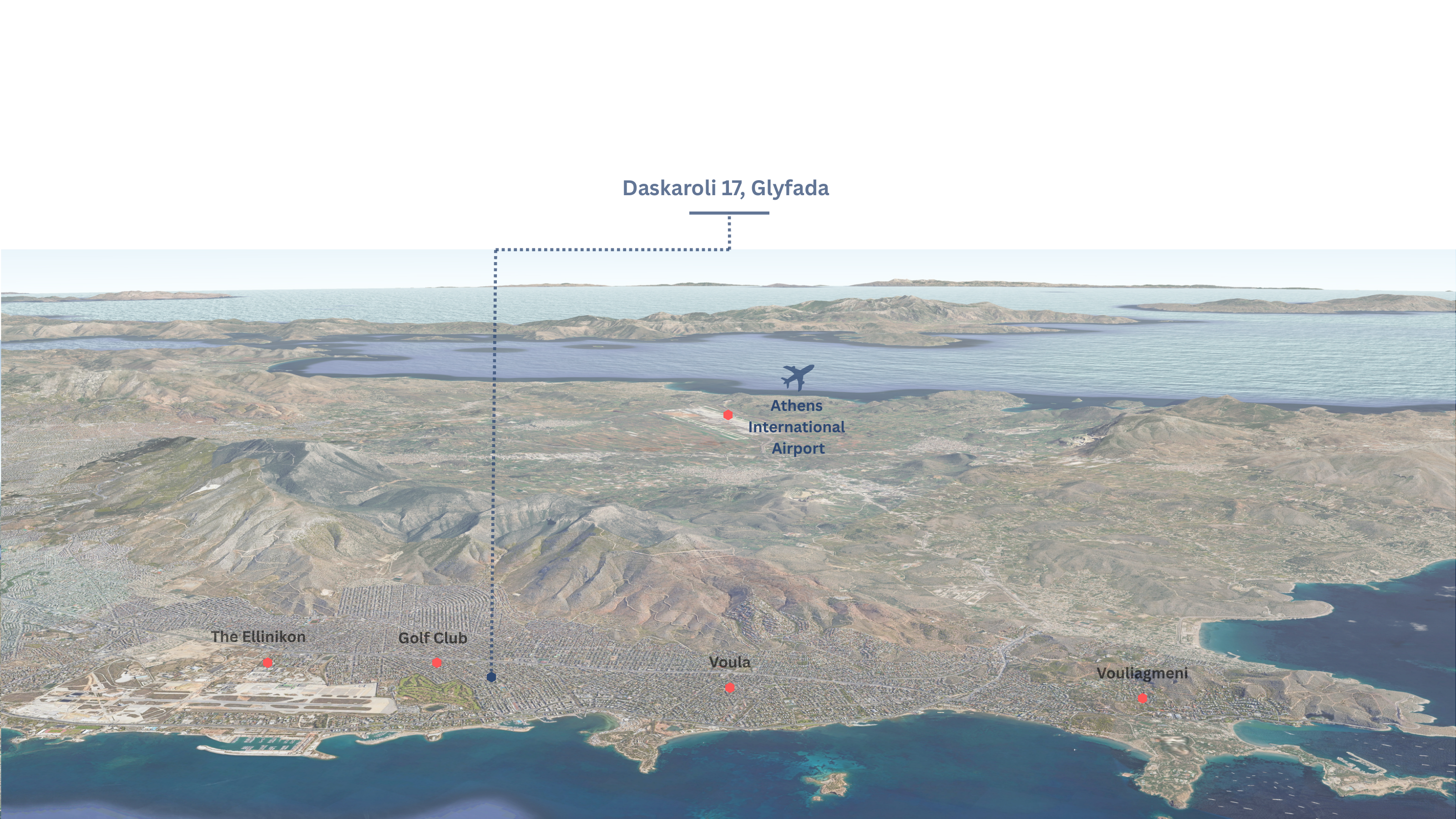 Illustrated aerial map showing Daskaroli 17 in relation to Glyfada, the Ellinikon, Voula, Vouliagmeni and Athens International Airport